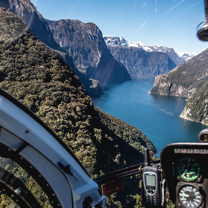 Helicopter through Milford Sound in the fiordlands of New Zealand