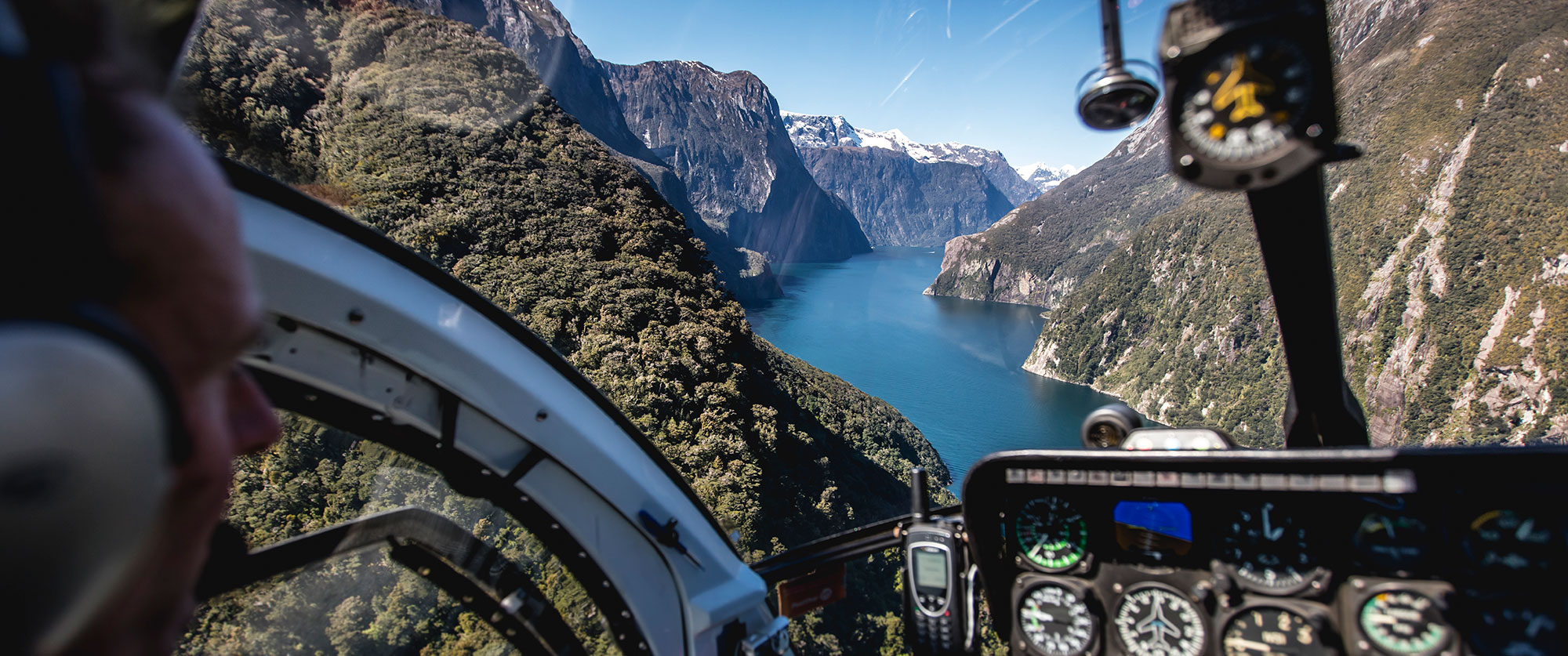 Helicopter through Milford Sound in the fiordlands of New Zealand